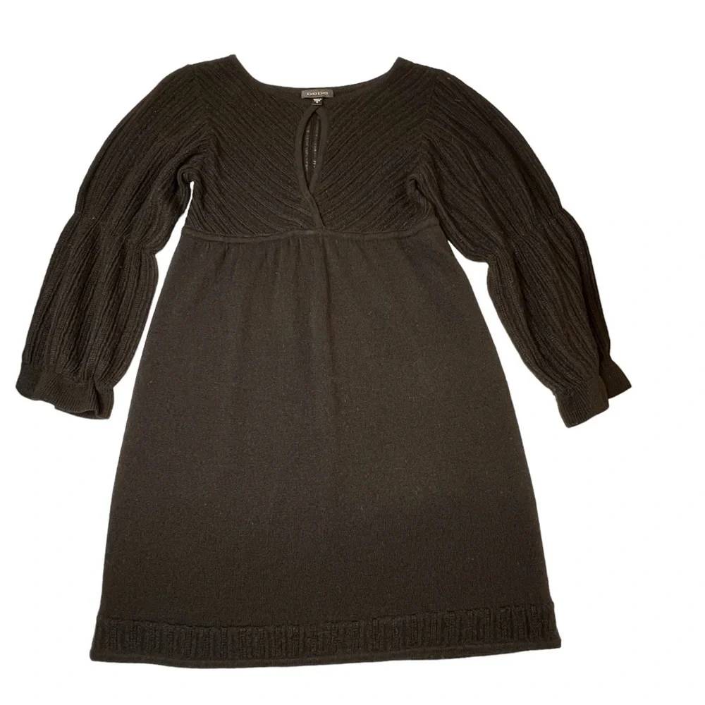 BEBE Black Knit Long Puff Sleeves Front Keyhole Dress LBD Size M